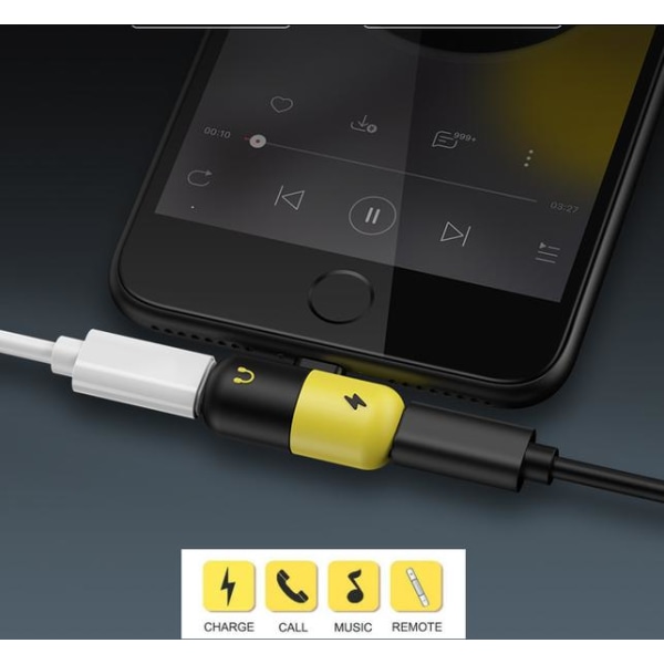2 iPhone 7/8/X Adapter 2-i-1/Lyt til musik og oplad på samme tid 2st black yellow