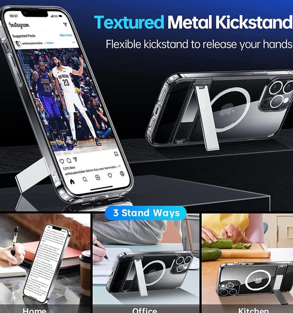 Magneettinen puhelinkotelo jalustalla iPhone 11–17 Pro Maxille, läpinäkyvä pidike Transparent Compatibility by Model i