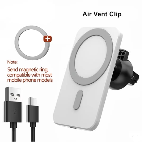 Magnetisk trådløs biloplader til iPhone 12-15 Pro Max Mini luftventil telefonholder hurtig opladning White