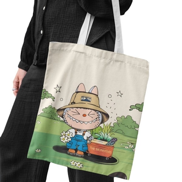 Lisa Same Labubu Canvas Bag Kvinna Söt Tecknad Shopping Handväska Casual Student Axelväska The Monsters Crossbody Väskor coffee bubu