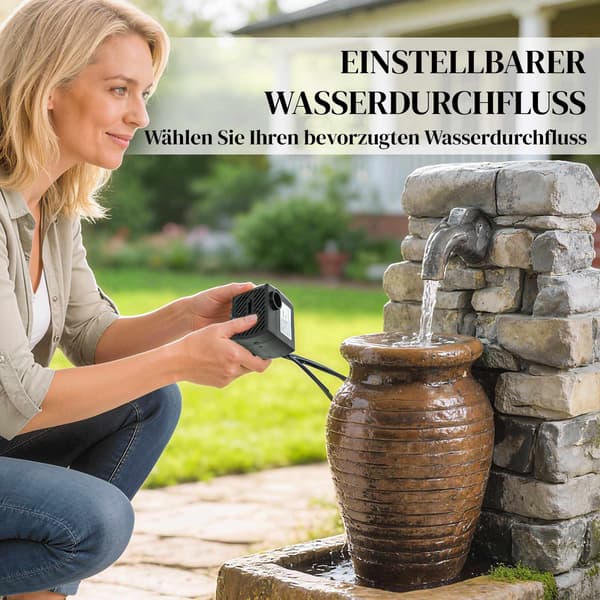 Havefontæne med justerbar vandgennemstrømning og rustik stenvæg i 3 niveauer i kandedesign