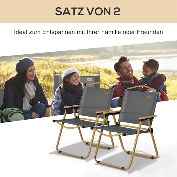 Campingstolar, set om 2, hopfällbara, stålram, trälook, mörkgrå strandstolar