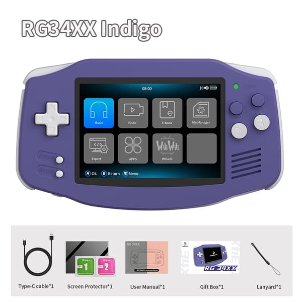 ANBERNIC RG34XX Retro håndholdt spilkonsol 3,4” IPS Linux 64-bit 3500mAh videospilafspiller understøtter streaming WIFI Bluetooth Indigo 64GB
