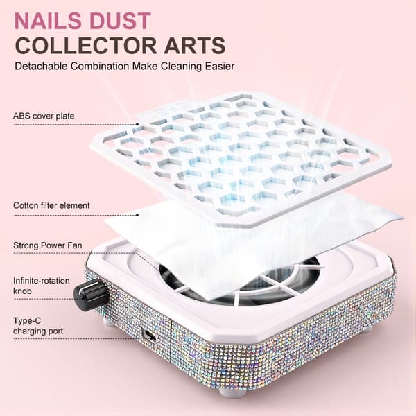 Nageldammsugare med strass - Kraftfull dammsugare för nagelsalonger Pink