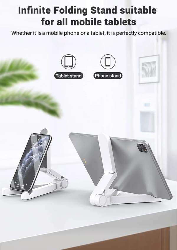 Universal foldbar tabletholder, bærbar plastholder til iPad Air Pro og mobiltelefoner WHITE