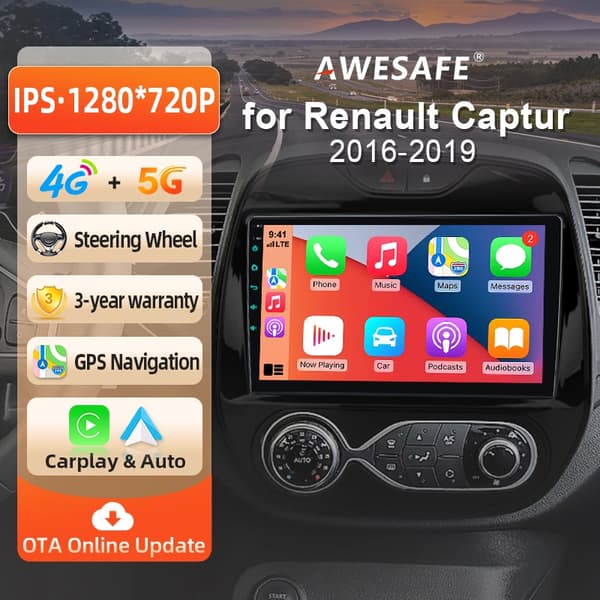AWESAFE Trådlös CarPlay Android Autoradio För Renault Kaptur Captur 2016 2017-2019 Bilmultimedia GPS Plug and Play DSP RDS BT PX1 (4GB 64GB)A