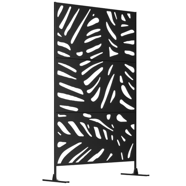 Rumsavdelare med 3 paneler, 122x198 cm, med stativ, bladdesign, svart