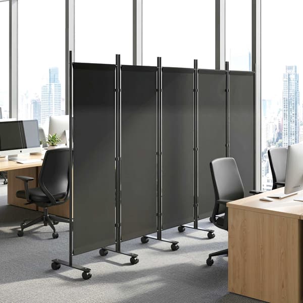5-panels foldbar rumdeler med 12 hjul 252x170 cm rumdeler, specialmonteret, sort