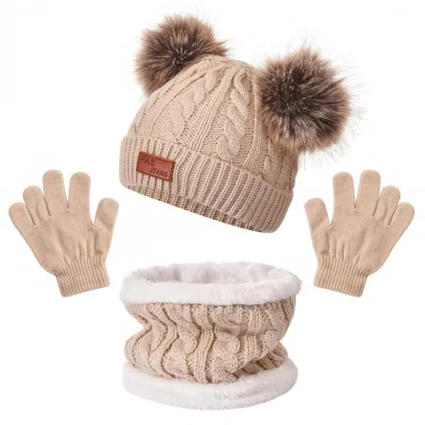 3st Vinterset för barn: Stickad Pompom-mössa, halsduk och handskar - varm solid mössa för småbarn Beige children