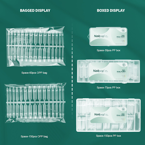 Nailpop Space Nail Dual Forms - 15 størrelser til polygel-extensions, genanvendelig Space-150pcs PP box