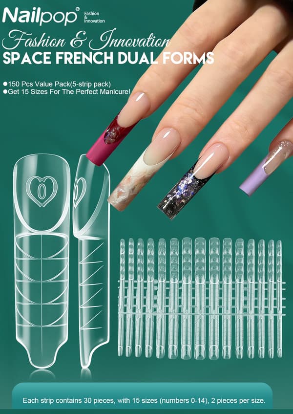 Nailpop Space Nail Dual Forms - 15 størrelser til polygel-extensions, genanvendelig Space-60pcs OPP bag