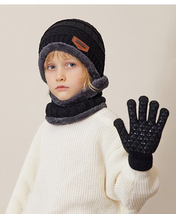 Varm vinter mössa för barn, halsduk, handskar set med plyschfoder för åldrarna 4-10 - halkfri design Gray