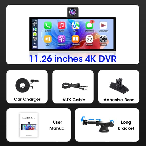 11,3 tommer 4K bil DVR Carplay Android Auto roterbart objektiv dashcam GPS navigation instrumentbræt FM AUX bakkamera videooptagelse 4K DVR 10m Camera