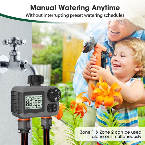 TNCE 1/2 udgang Sprinklertimer IPX5, Regnforsinkelse Programmerbar Havevandingsvandventilcontroller til Have Græsplæne Drypvanding 2 outlet timer A