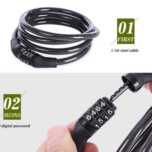 Tyverisikker 4-cifret kode i rustfrit stål med kabel og cykelsikkerhedslås black