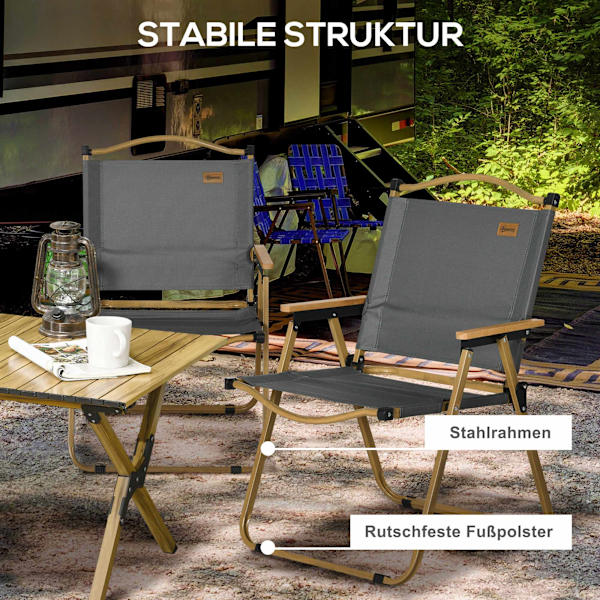Campingstolar, set om 2, hopfällbara, stålram, trälook, mörkgrå strandstolar