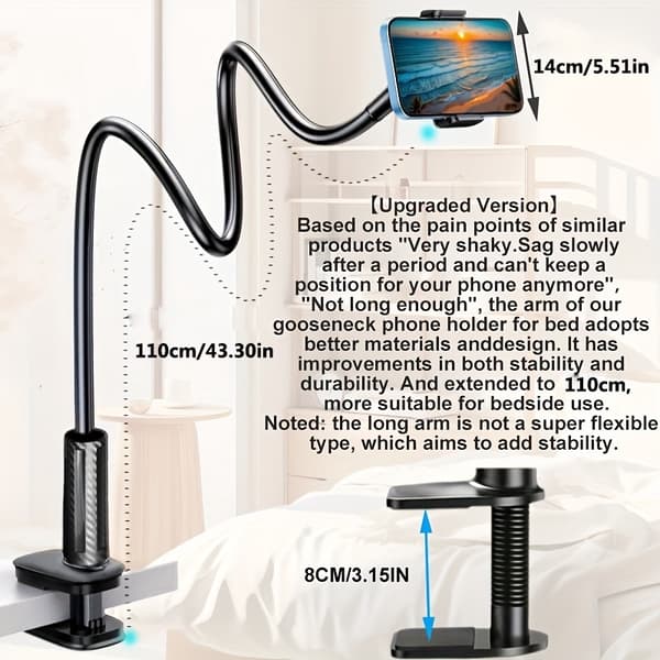 110 cm fleksibel 360° telefonholder med klemme til iPhone, Samsung og 3,5-6,5" enheder White