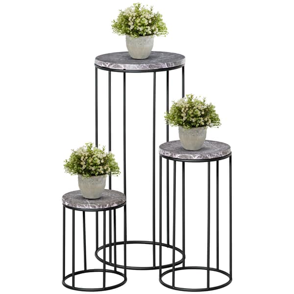 Set med 3 metallblomställ med marmorlook, stapelbara, svarta och grå