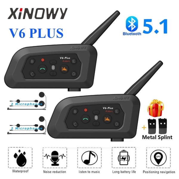 XINOWY V6 Plus Motorcykelhjälm Bluetooth Headset Intercom 1200M Interphone Communicator Vattentät 6 Förare Double Pack