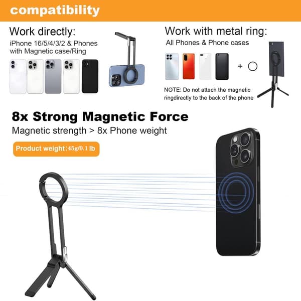 3-i-1 magnetisk 360° justerbart ultralet mini-stativ med trykknapspænde, foldbart telefonholder Silver