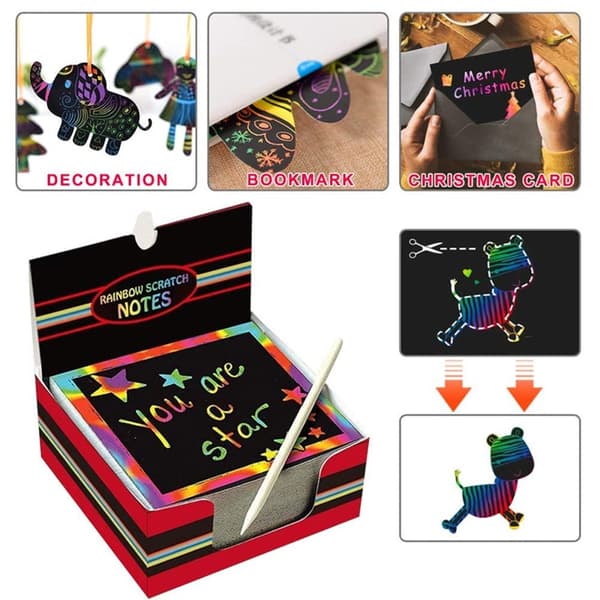 100 STK Rainbow Scratch Mini Notes Pappersblockskort med ritstencil Barn Barn Gör-det-själv Rita Målning Pedagogiska leksaker Presenter 100 Sheets