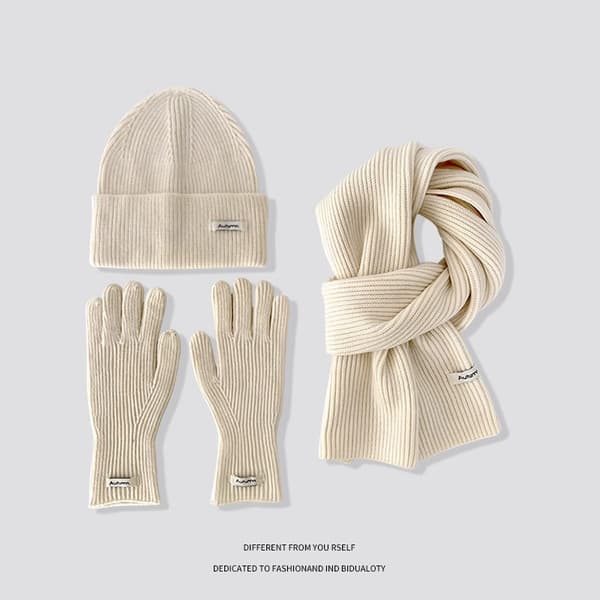 Vinterstickad mössa, halsduk och handskar för kvinnor - Vindtät enfärgad modeaccessoar Off-white Size One Size