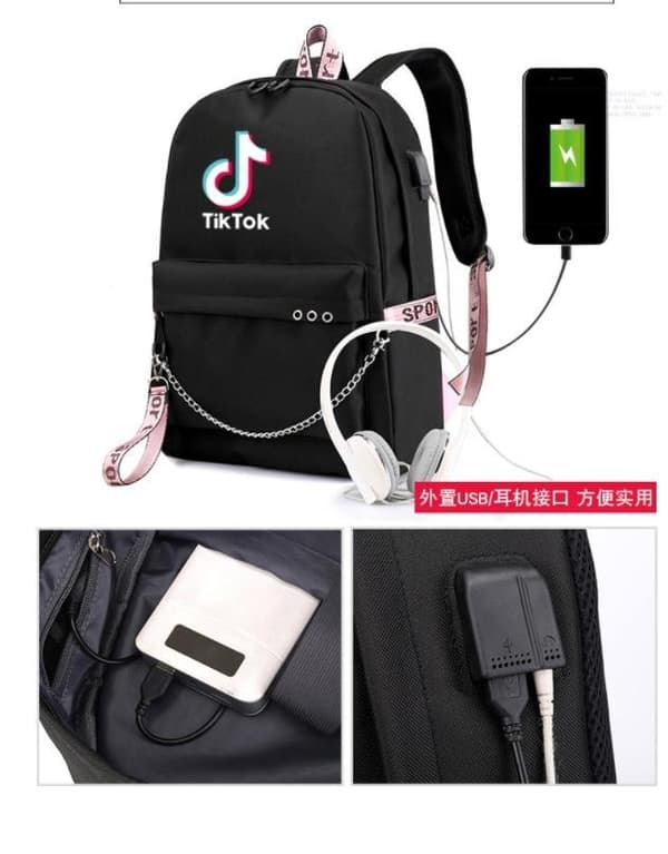 3 Colors TIK-TOK Backpack Waterproof School Bag USB Headphone Jack Black