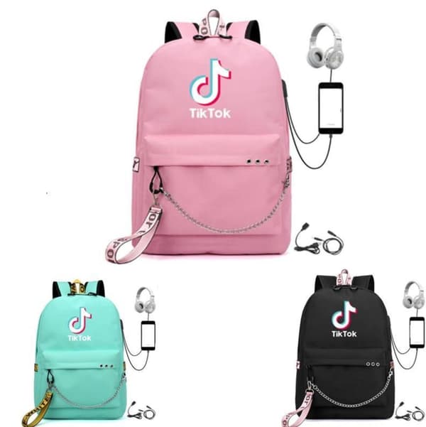 3 Colors TIK-TOK Backpack Waterproof School Bag USB Headphone Jack Black