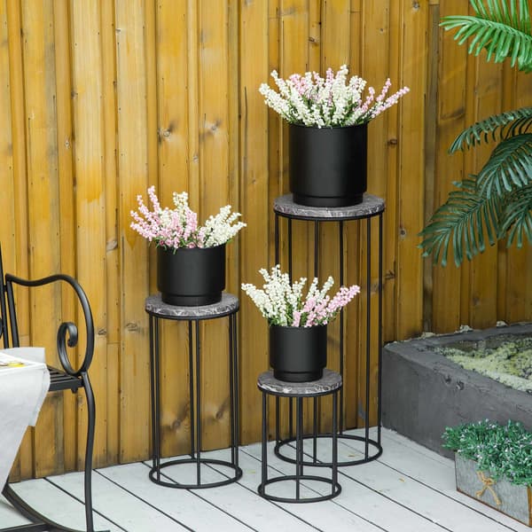 Set med 3 metallblomställ med marmorlook, stapelbara, svarta och grå