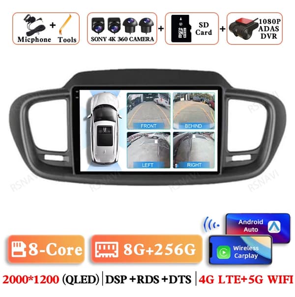 Android 15 Bilradio För Kia Sorento 3 2015 2016 2017 2018 Multimedia BT GPS 5G WIFI Navigation 4G 8G-128G 360 DVR