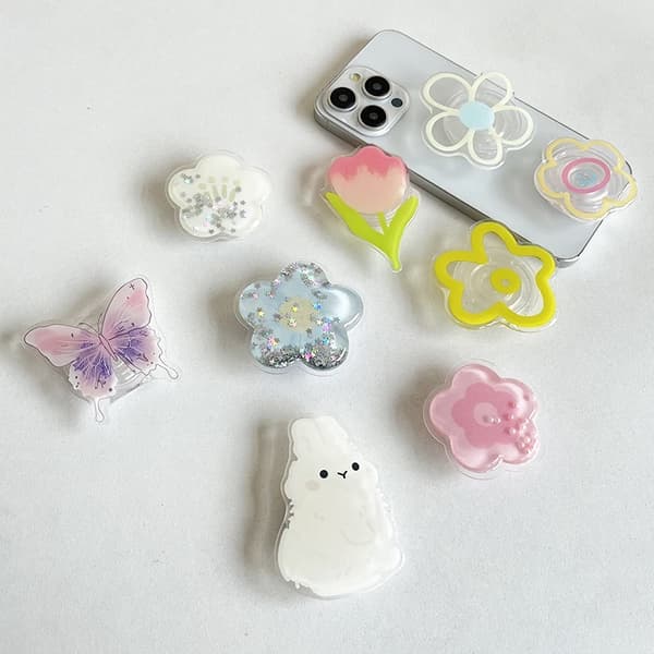 INS Korea 3D Blomster Transparent Telefonholder Grip Tok til iPhone 16 Pro Fingerstativ 7