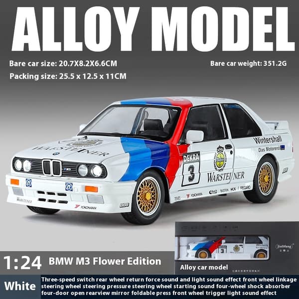 1:24 M3 E30 1988 Mpower Blomsterversion Aluminiumsstøbt malet bilmodel Lyd Lys Private samleobjekter Dekorative gaver white box