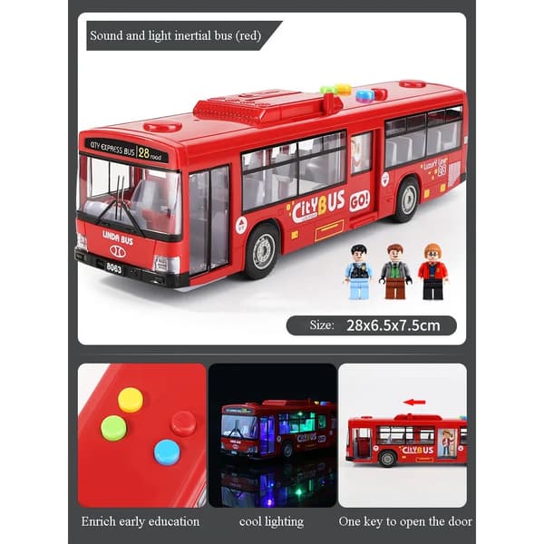 Högkvalitativ simulerad stor bussmodell med belysning och musik Fallsäker tröghets- och dragbilsmodell för barn, leksakspresent Red