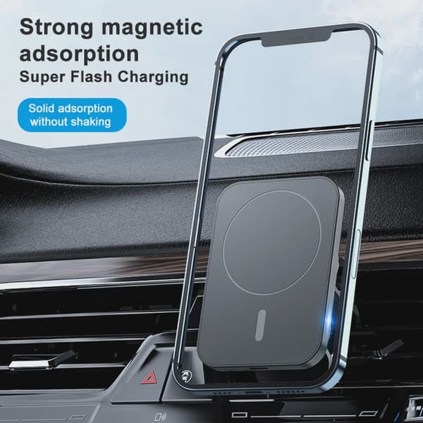 15W hurtig magnetisk trådløs biloplader luftventil telefonholder til iPhone 12 13 14 Pro Max Type 2 Metal Silver