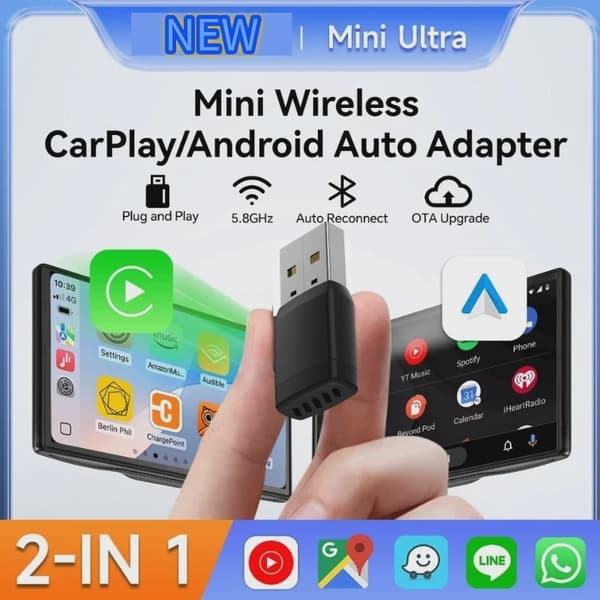 Carplay trådløs adapter Android Auto 2 i 1 Smart Dongle 5G WIFI til iPhone Android telefon til Volvo Benz MG Kia Chery VW black