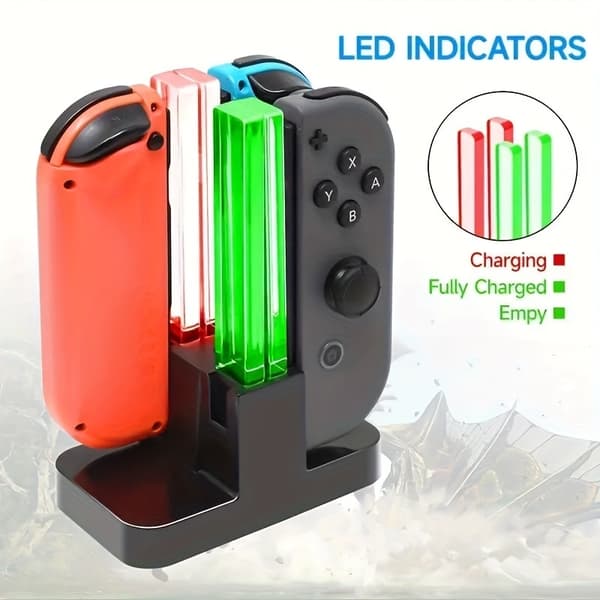 Ladestation til 4 Joy-Con-controllere - Kompatibel Nintendo Switch med LED-indikatorer"