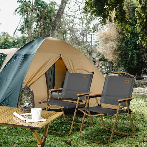 Campingstolar, set om 2, hopfällbara, stålram, trälook, mörkgrå strandstolar