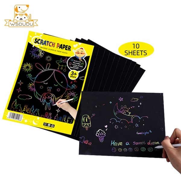 Scratch Art Paper Set - 10 ark & ​​5 schabloner för barn - DIY Craft Kit med landmärken och djur Tools