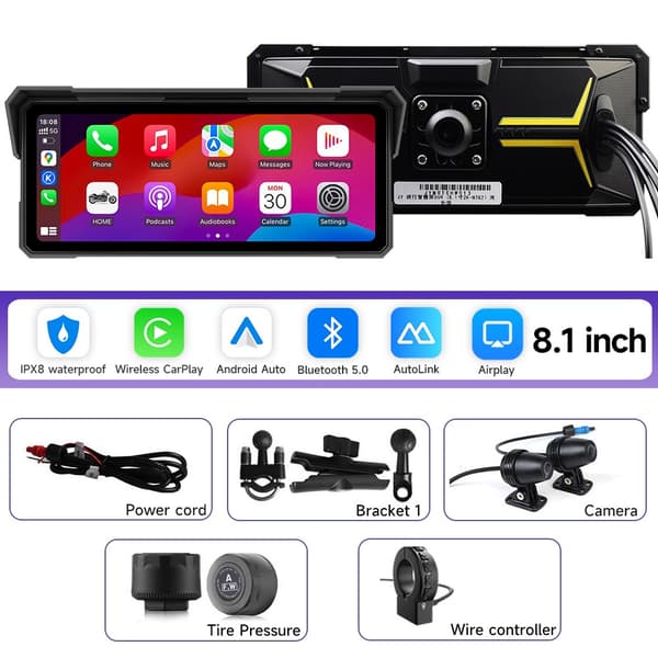 8,1 tums motorcykelnavigationsskärm Trådlös CarPlay Android Auto 2K HD IPX8 Vattentät M782-TMPS-controller