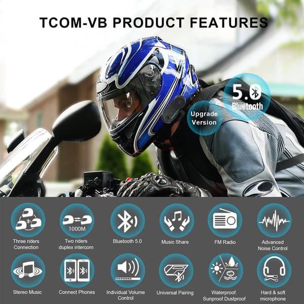 Freedconn Hjelm Bluetooth Headset Gruppe Motorcykel Intercom Hovedtelefoner FM Musikdeling Intercom op til 6 Kørere T Com VB VB-One Set