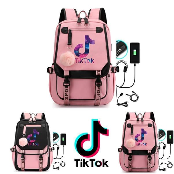 Tik-Tok Backpack waterproof school bag with USB Headphone jack Black Black Svart