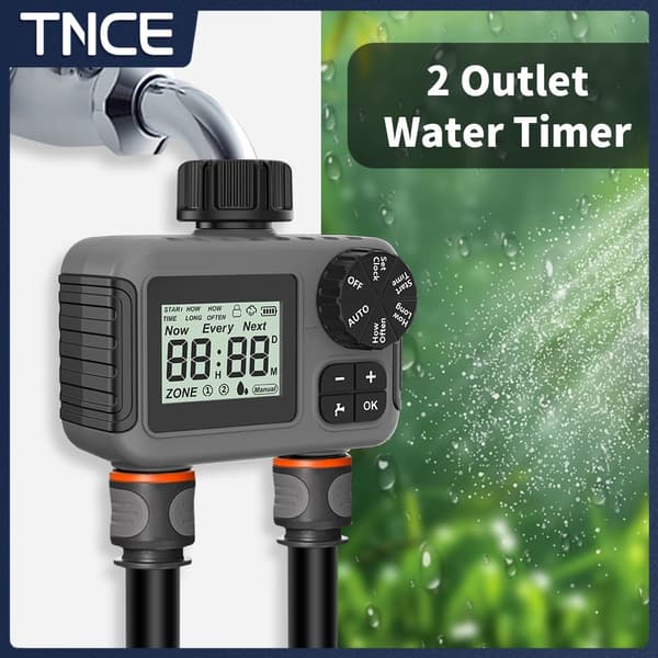 TNCE 1/2 udgang Sprinklertimer IPX5, Regnforsinkelse Programmerbar Havevandingsvandventilcontroller til Have Græsplæne Drypvanding 2 outlet timer A