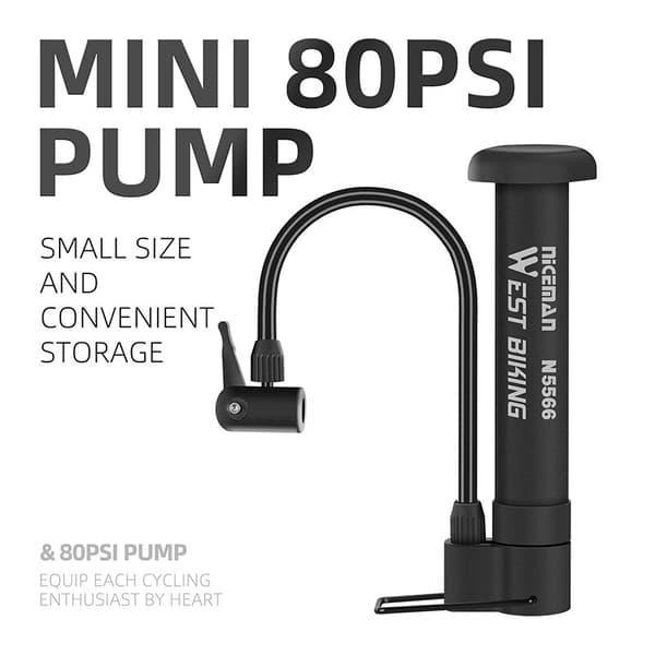 WEST BIKING MTB cykelpumpe 80 PSI manuel luftpumpe til Schrader-ventildæk black
