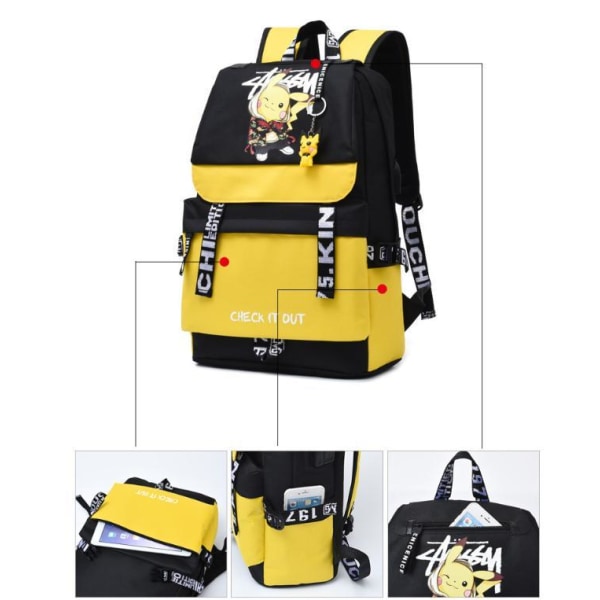 Pokemon-reppu vedenpitävä koululaukku USB-kuulokeliitäntä keltainen-musta Yellow Yellow+ Black