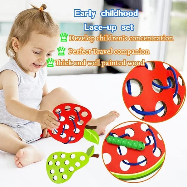 Träfruktsnörningsleksak för småbarn - finmotorik Träpusselaktivitet Presentset randomly 2 sets