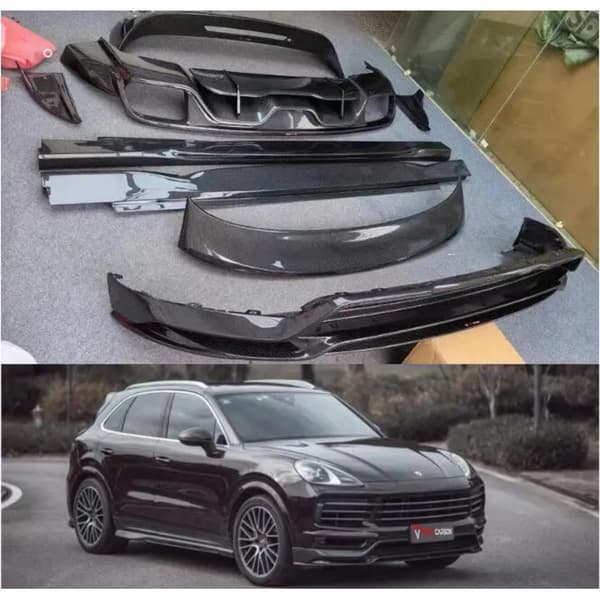 Karrosserisæt i ægte kulfiber til Porsche Cayenne Coupé 2018-2023, forkofangerlæbe, bagagerumsdiffusor, sideskørtspoiler Rear Diffuser