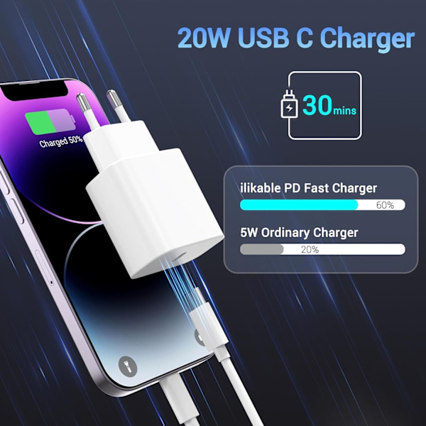iPhone Snabbladdare USB-C Strömadapter 20W med 2m Kabel – Snabb och Effektiv Laddning