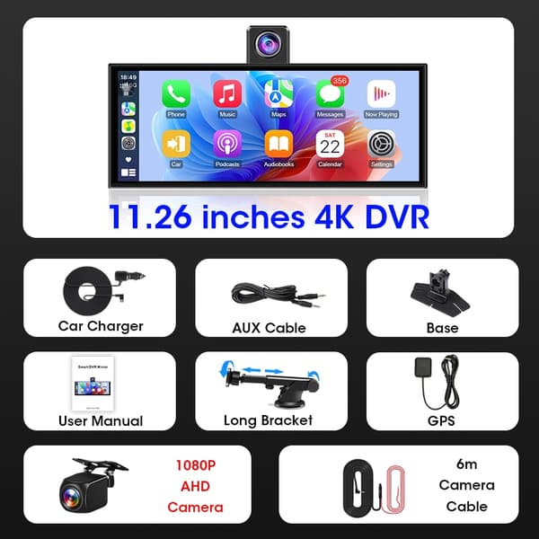 11,3 tums 4K bil-DVR Carplay Android Auto roterbart objektiv dashcam GPS-navigering instrumentpanel FM AUX backkamera videoinspelning 4K DVR GPS