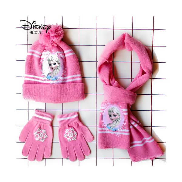 Elsa Princess Hat Scarf Handskar Set för flickor 4-8 år - Varmstickad vinterhuvudbonad 3pcs Size 4-8Years