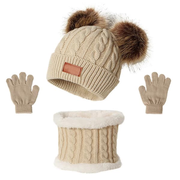 3st Vinterset för barn: Stickad Pompom-mössa, halsduk och handskar - varm solid mössa för småbarn Beige children